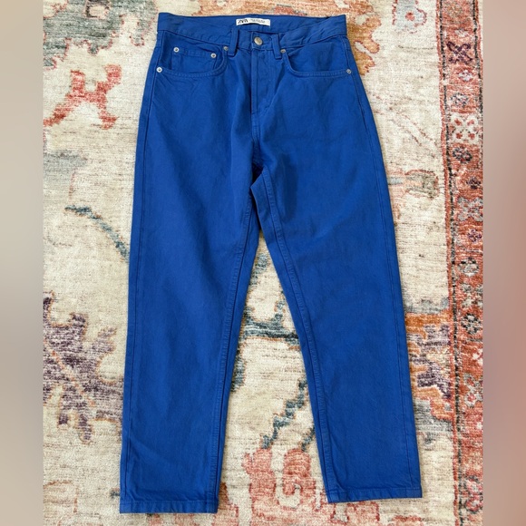 Zara High Rise Straight Leg Button Fly Royal Blue Jeans US Size 30 - Picture 2 of 5